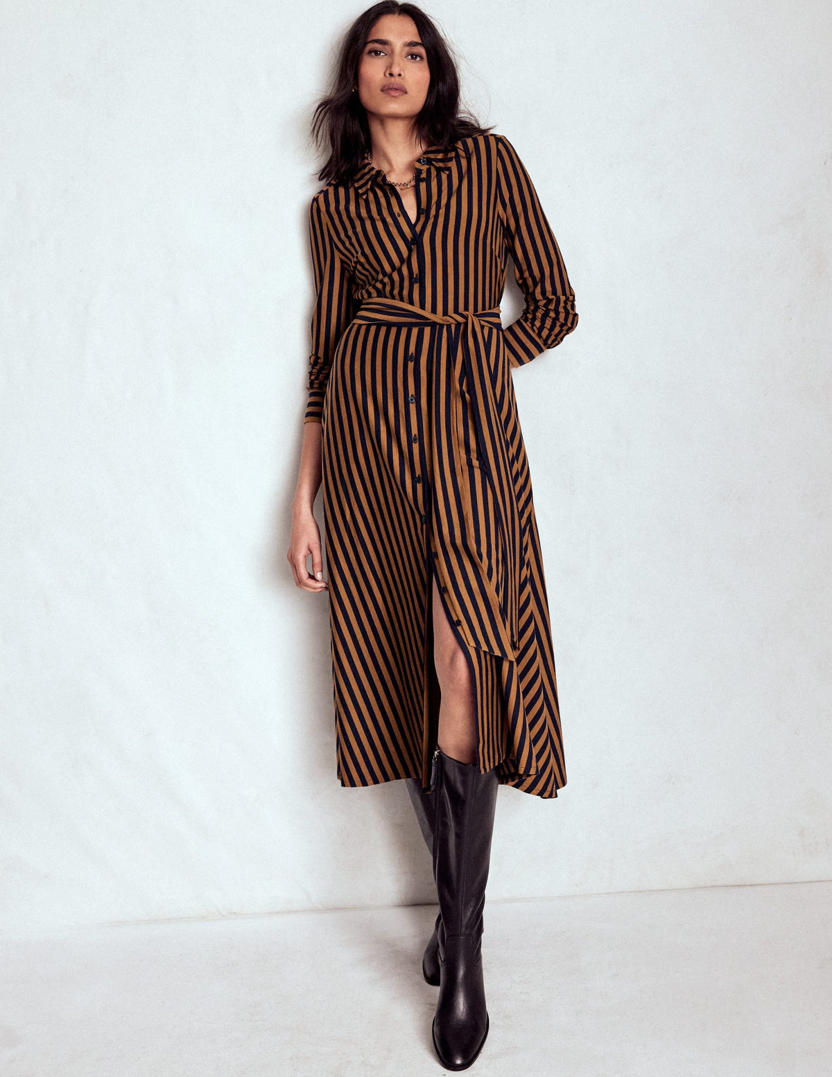 Marcia Jersey Shirt Dress-Gingerbread and Navy Stripe