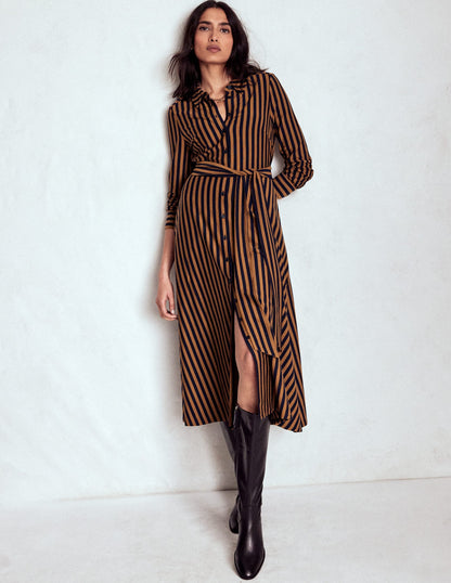 Marcia Jersey Shirt Dress-Gingerbread and Navy Stripe