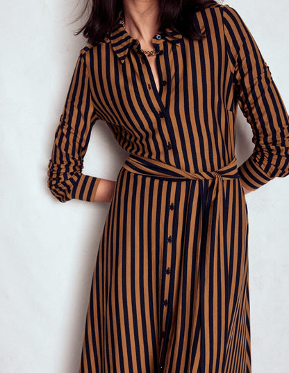Marcia Jersey Shirt Dress-Gingerbread and Navy Stripe