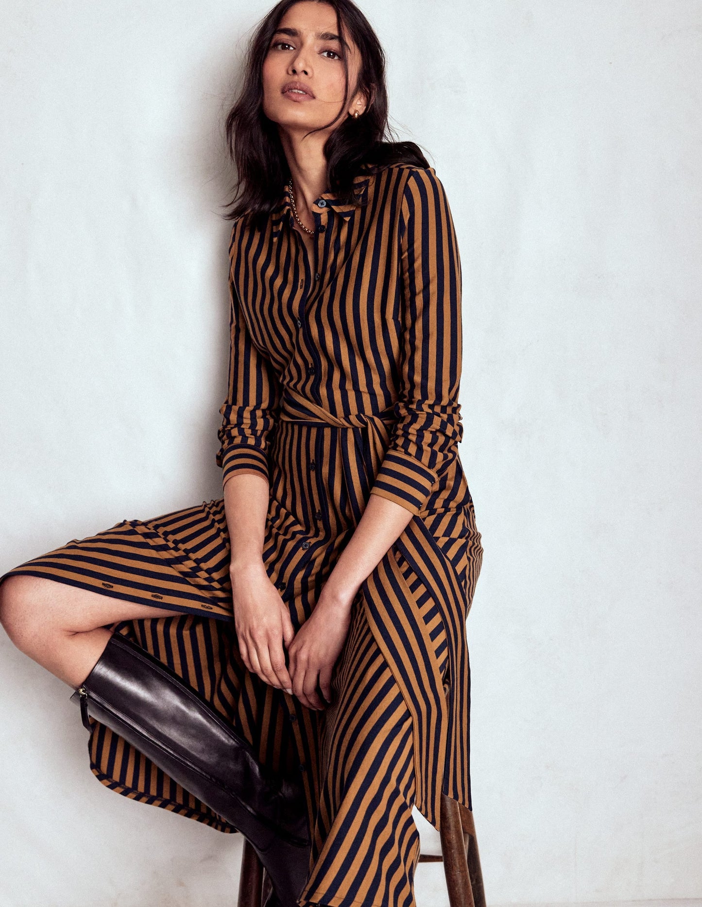 Marcia Jersey Shirt Dress-Gingerbread and Navy Stripe