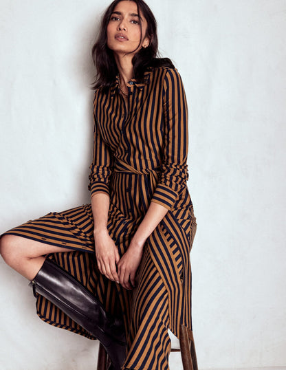 Marcia Jersey Shirt Dress-Gingerbread and Navy Stripe