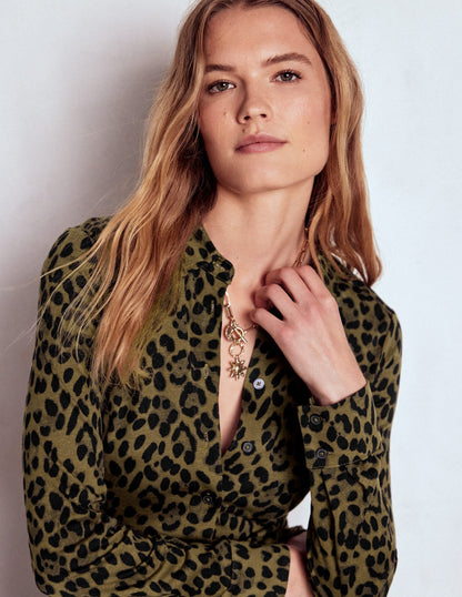 Marcia Jersey Shirt Dress-Military Olive, Brushed Animal