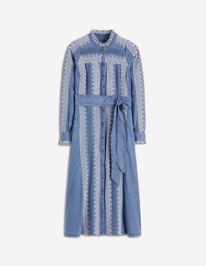 Ruffle Placket Chambray Dress-Light Blue Chambray