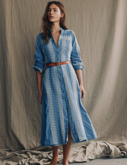 Ruffle Placket Chambray Dress-Light Blue Chambray