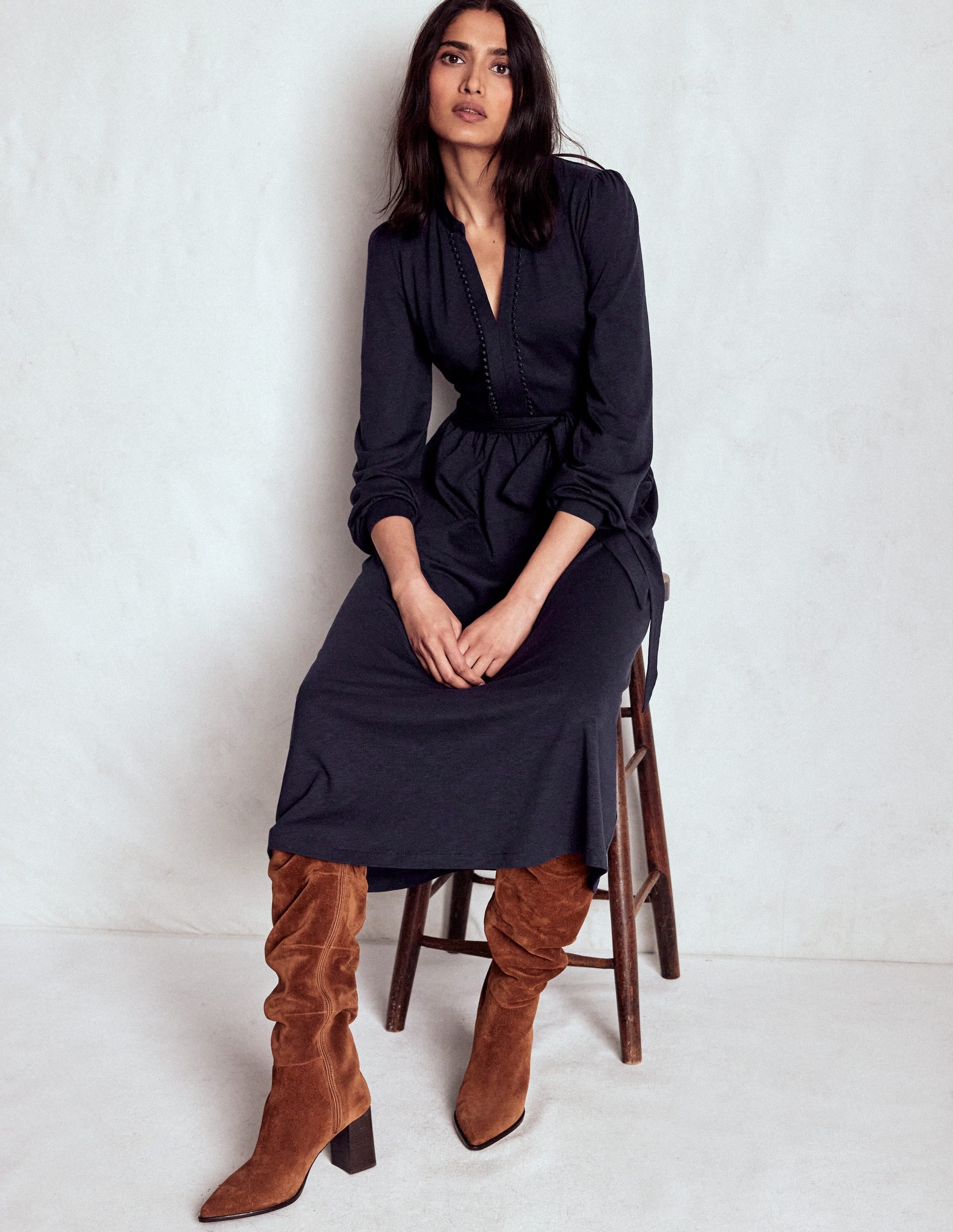 Naomi Long Sleeve Jersey Dress-Navy