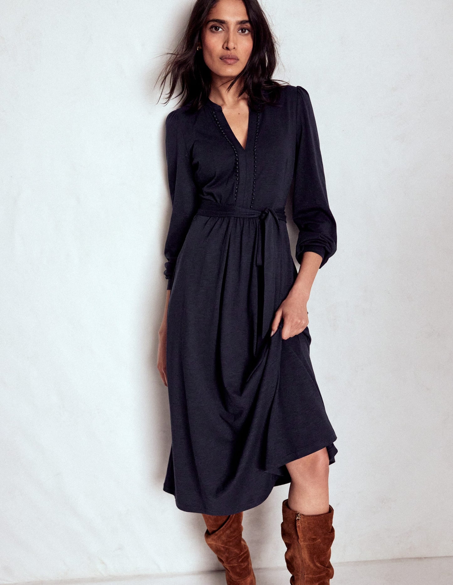 Naomi Long Sleeve Jersey Dress-Navy