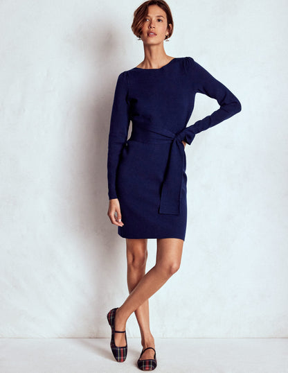 Tiana Tie Front Knitted Dress-Navy