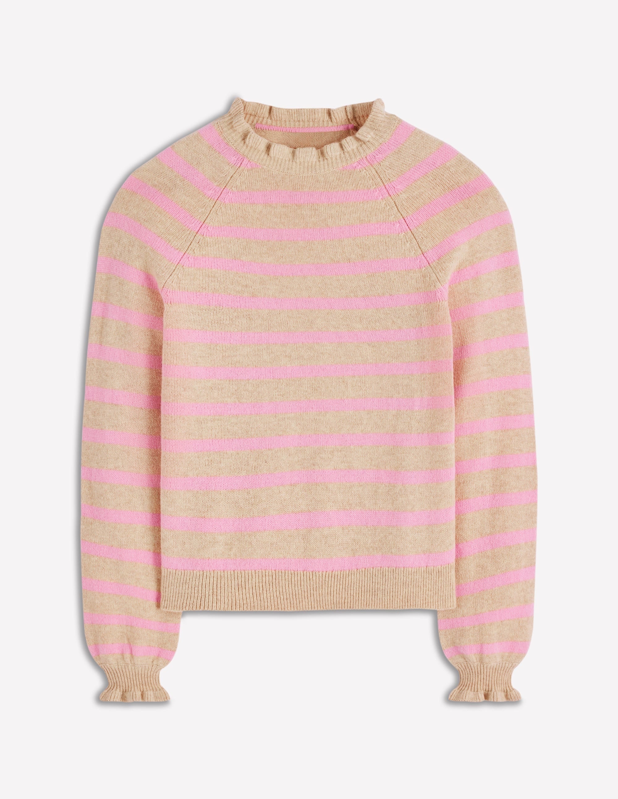 Fae Fair Isle Frilled Sweater-Camel, Pink Stripe