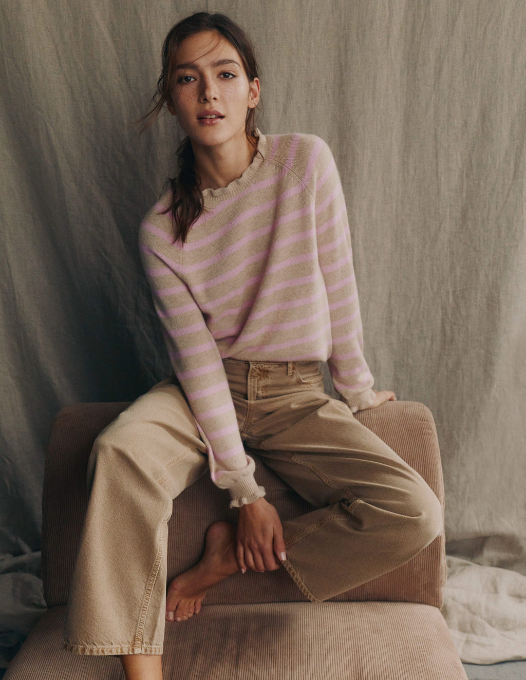 Fae Fair Isle Frilled Sweater-Camel, Pink Stripe