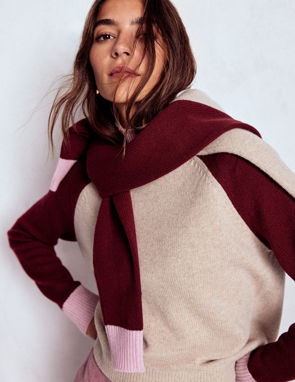 Marion Merino Rib Neck Sweater-Linen, Pinotage Colour Block