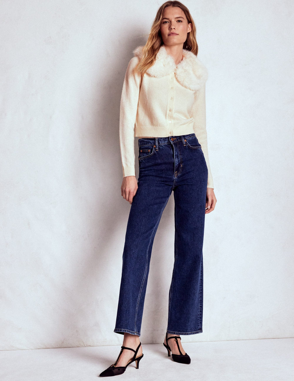 Fur Collar Cropped Cardigan-Warm Ivory