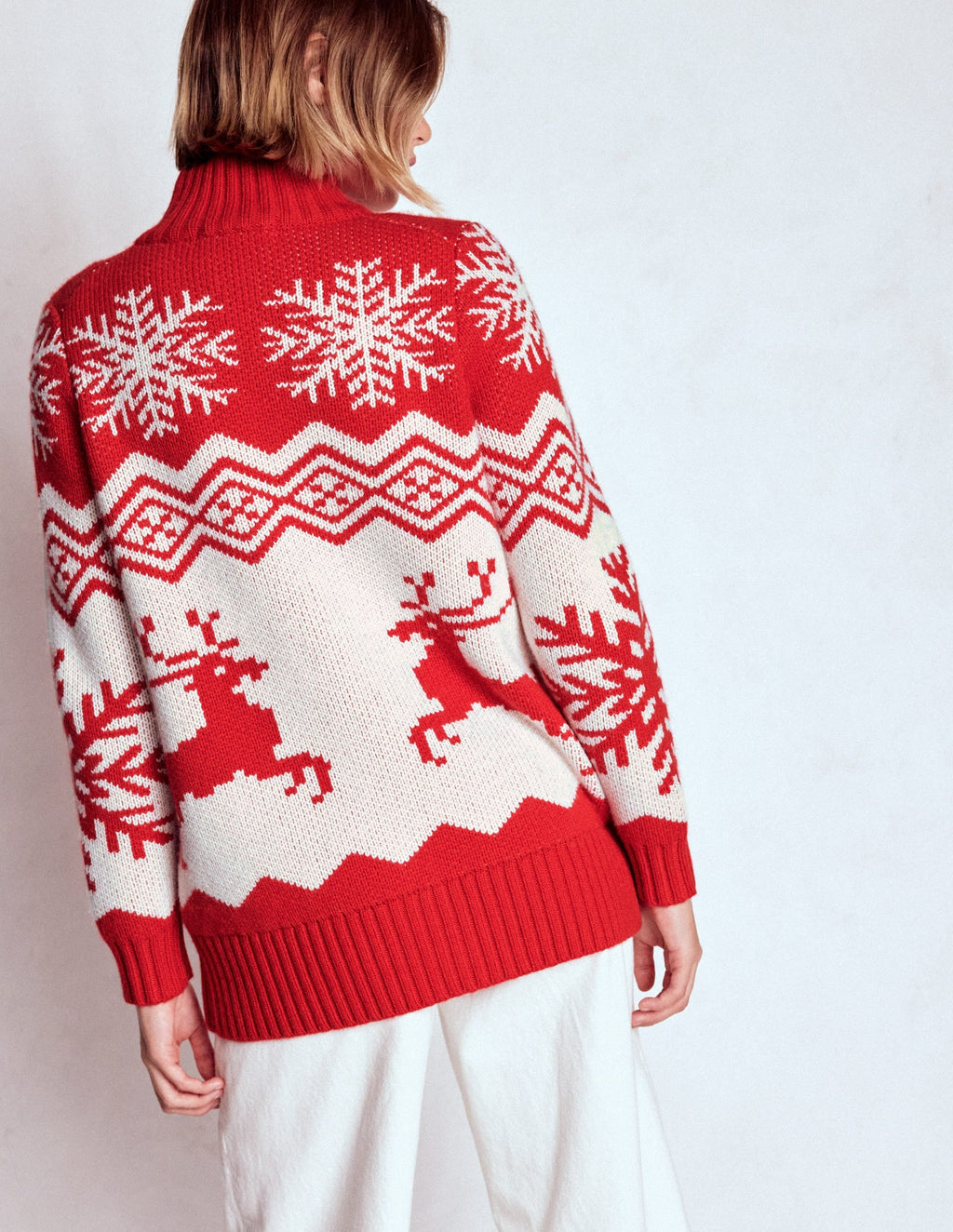 Zip Up Jacquard Cardigan-Poppy Red Reindeer