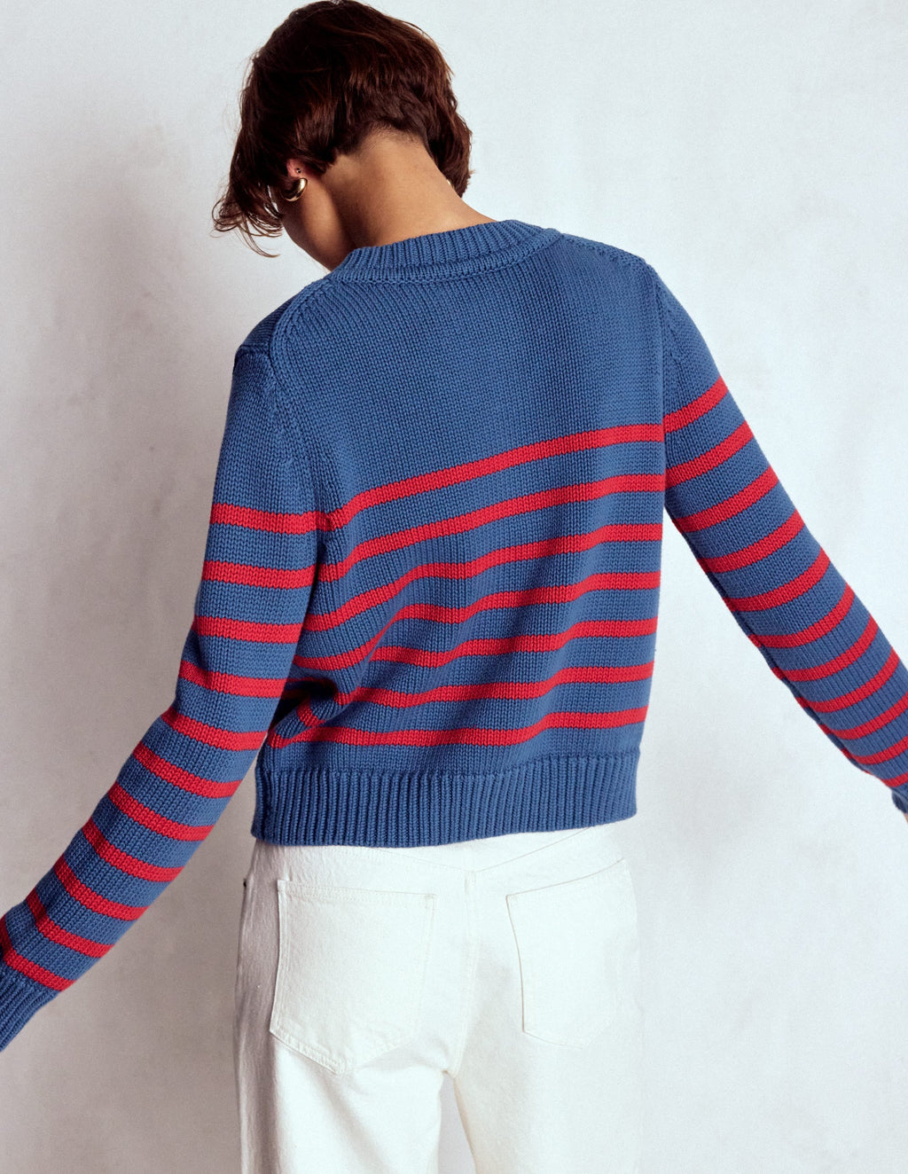 Lucy Chunky Cotton Cardigan-Soft Navy and Red Stripe
