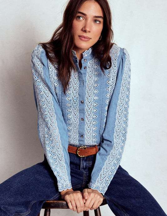 Savannah Broderie Top-Chambray