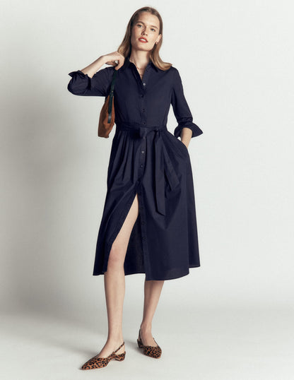Alexa Cotton Midi Shirt Dress-Navy