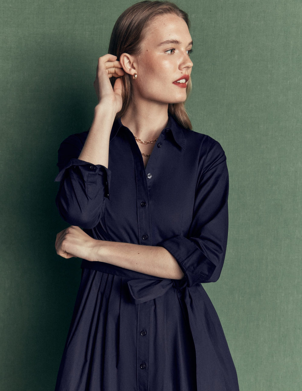 Alexa Cotton Midi Shirt Dress-Navy