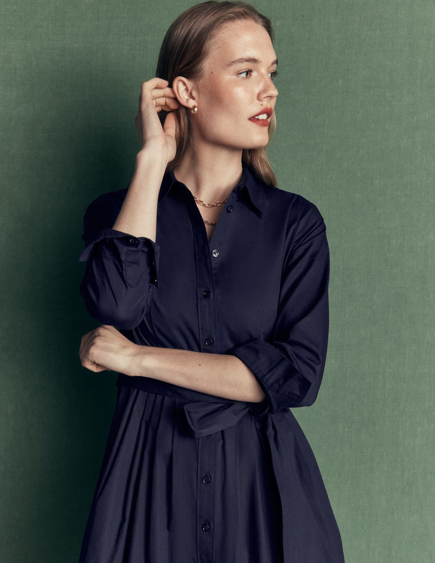 Alexa Cotton Midi Shirt Dress-Navy