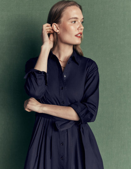 Alexa Cotton Midi Shirt Dress-Navy