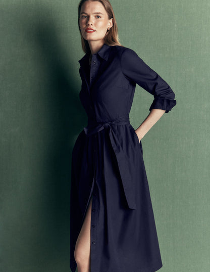 Alexa Cotton Midi Shirt Dress-Navy
