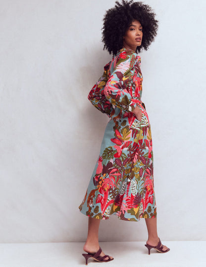 Ava Linen Blend Midi Dress-Blue Tropical Safari Placement