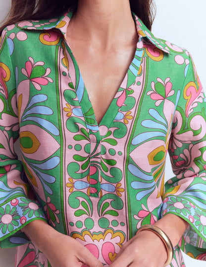 Carmen Linen Short Dress-Multi Bloom Tapestry