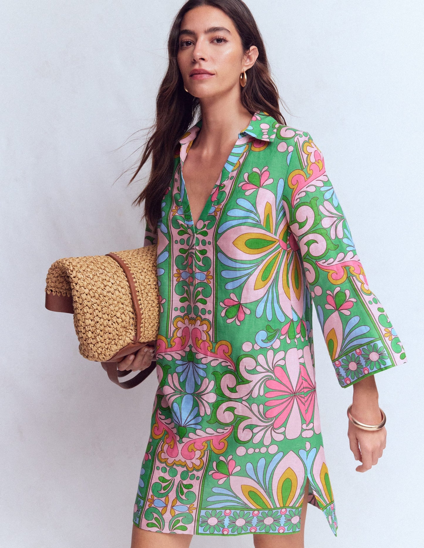 Carmen Linen Short Dress-Multi Bloom Tapestry