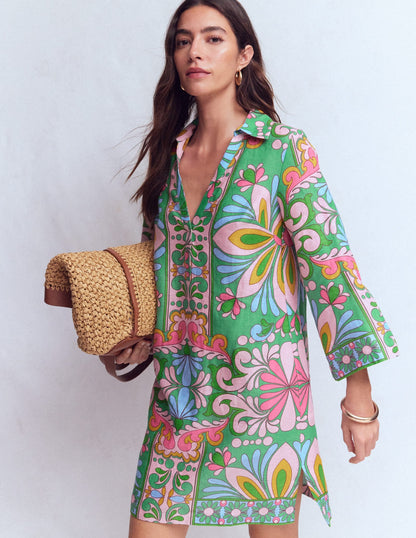 Carmen Linen Short Dress-Multi Bloom Tapestry