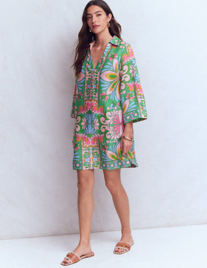 Carmen Linen Short Dress-Multi Bloom Tapestry