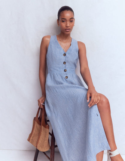 Catherine Button Linen Dress-Chambray
