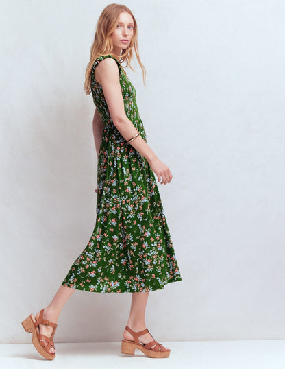 Smocked Jersey Midi Dress-Promenade Green, Bloom Scatter