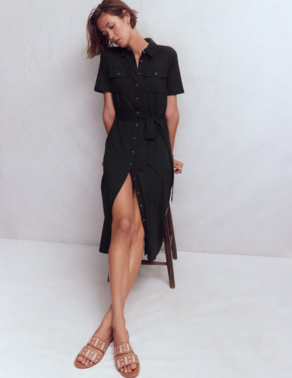 Mavis Midi Jersey Shirt Dress-Black