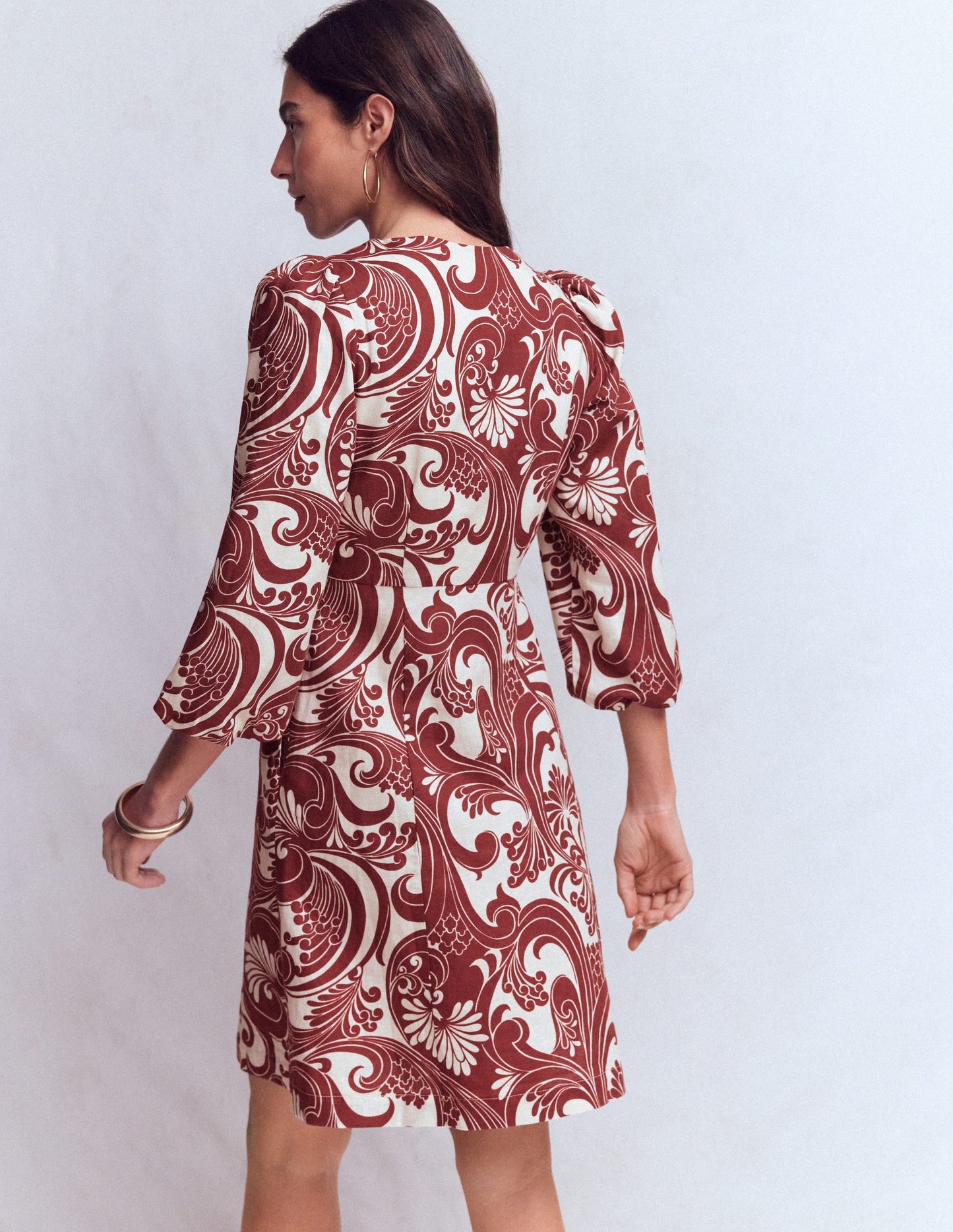 Marla Linen Blend Short Dress-Brown Foliage Whirl