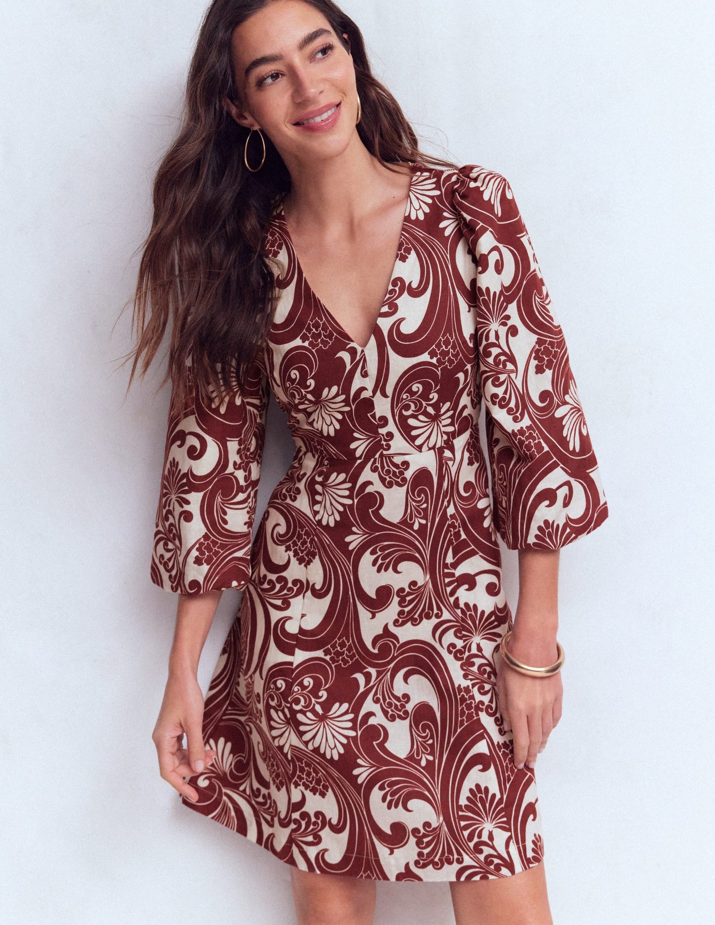 Marla Linen Blend Short Dress-Brown Foliage Whirl