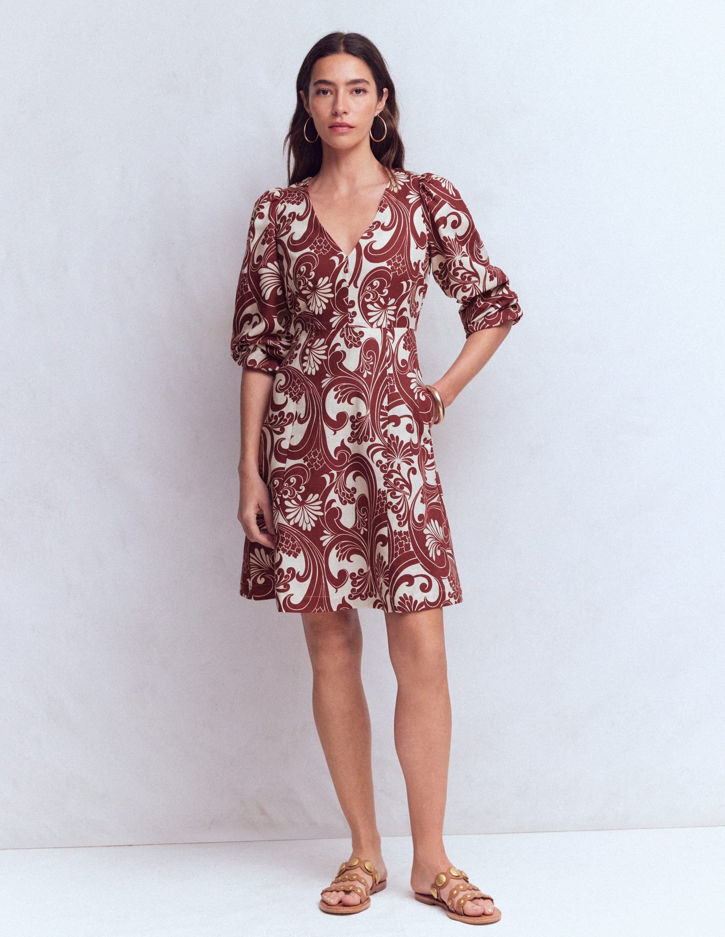 Marla Linen Blend Short Dress-Brown Foliage Whirl