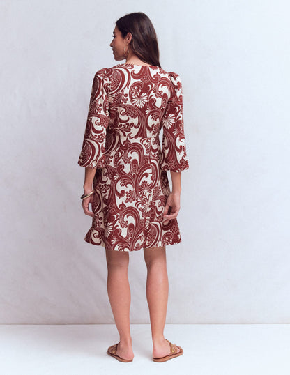 Marla Linen Blend Short Dress-Brown Foliage Whirl
