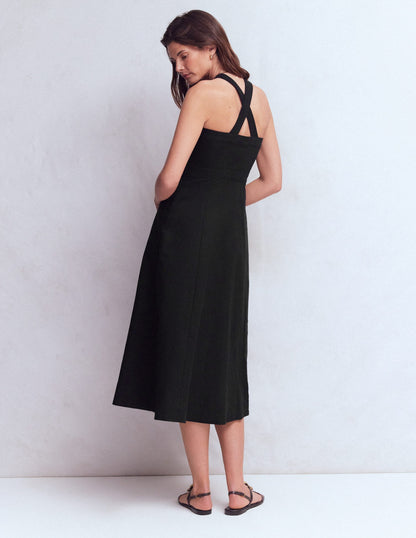 Cross-back Linen Blend Dress-Black