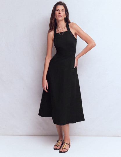 Cross-back Linen Blend Dress-Black