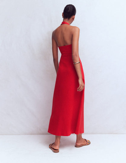 Halter Neck Empire Maxi Dress-Red