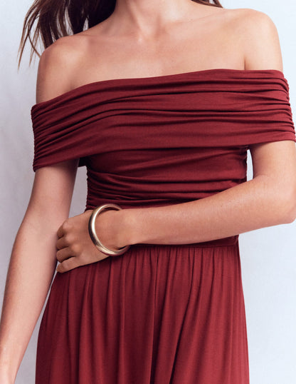 Ruched Bardot Maxi Dress-Burgundy