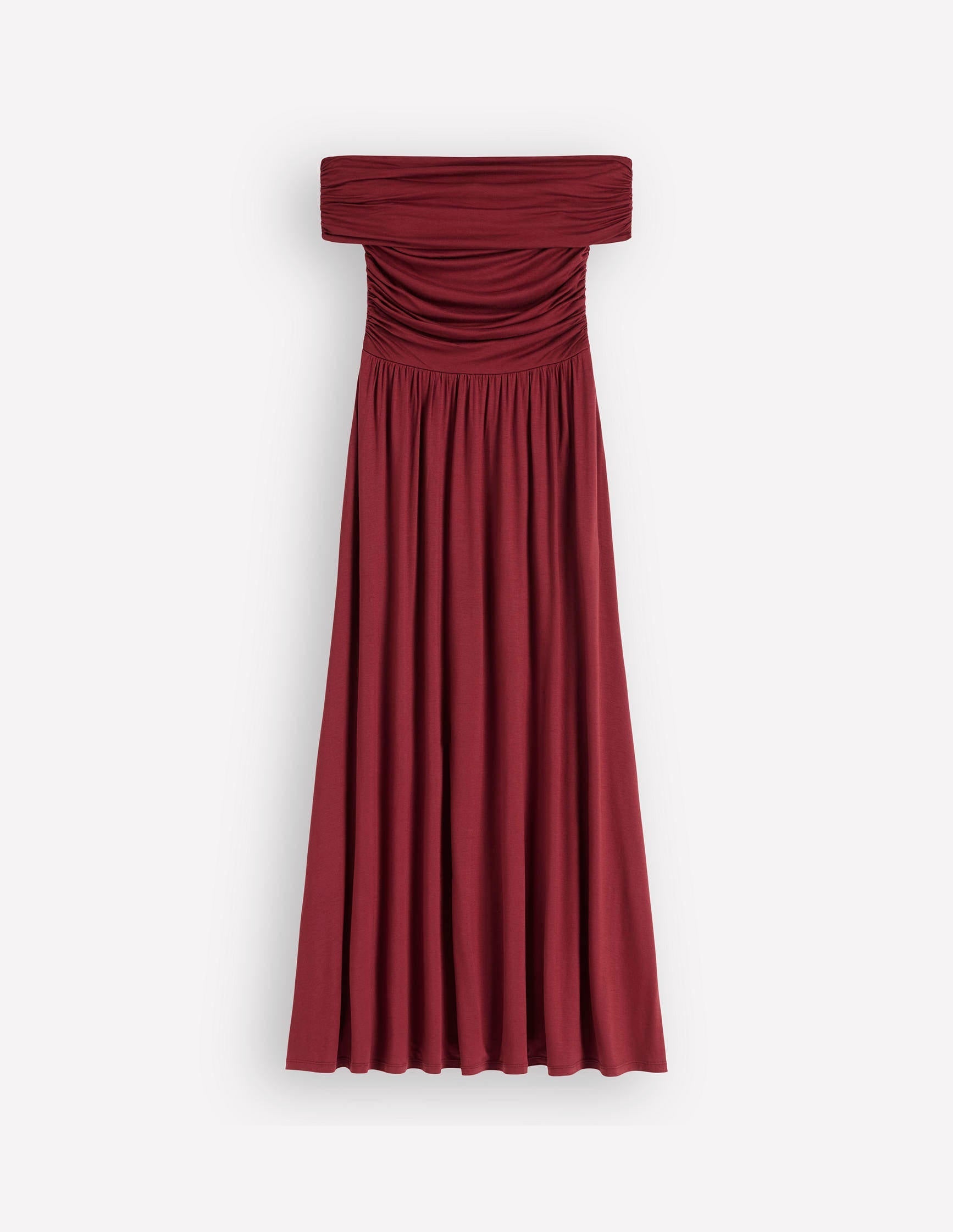 Ruched Bardot Maxi Dress-Burgundy