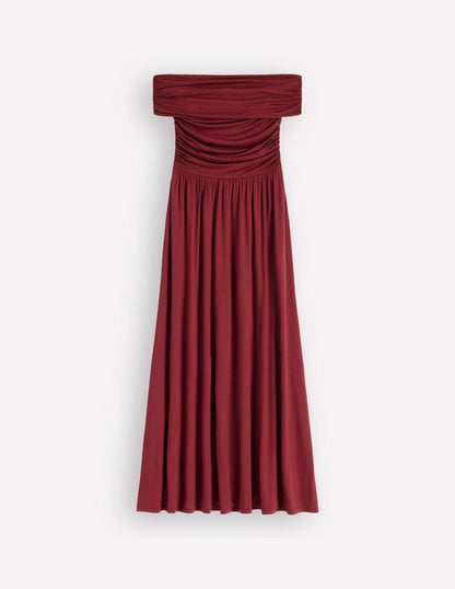 Ruched Bardot Maxi Dress-Burgundy