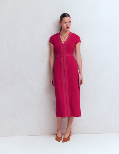 Topstitch V-neck Ponte Dress-Pomegranate