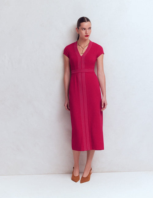 Topstitch V-neck Ponte Dress-Pomegranate