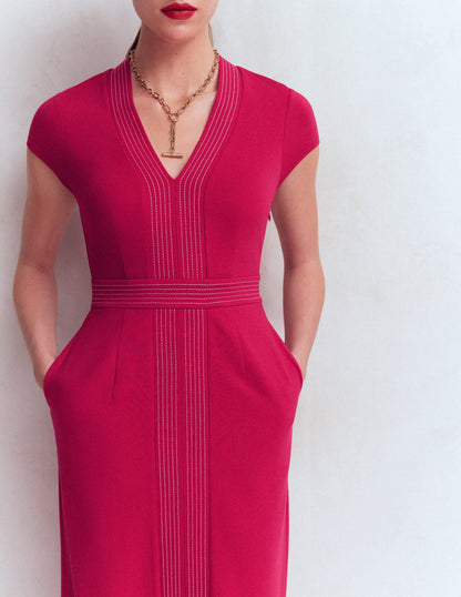Topstitch V-neck Ponte Dress-Pomegranate