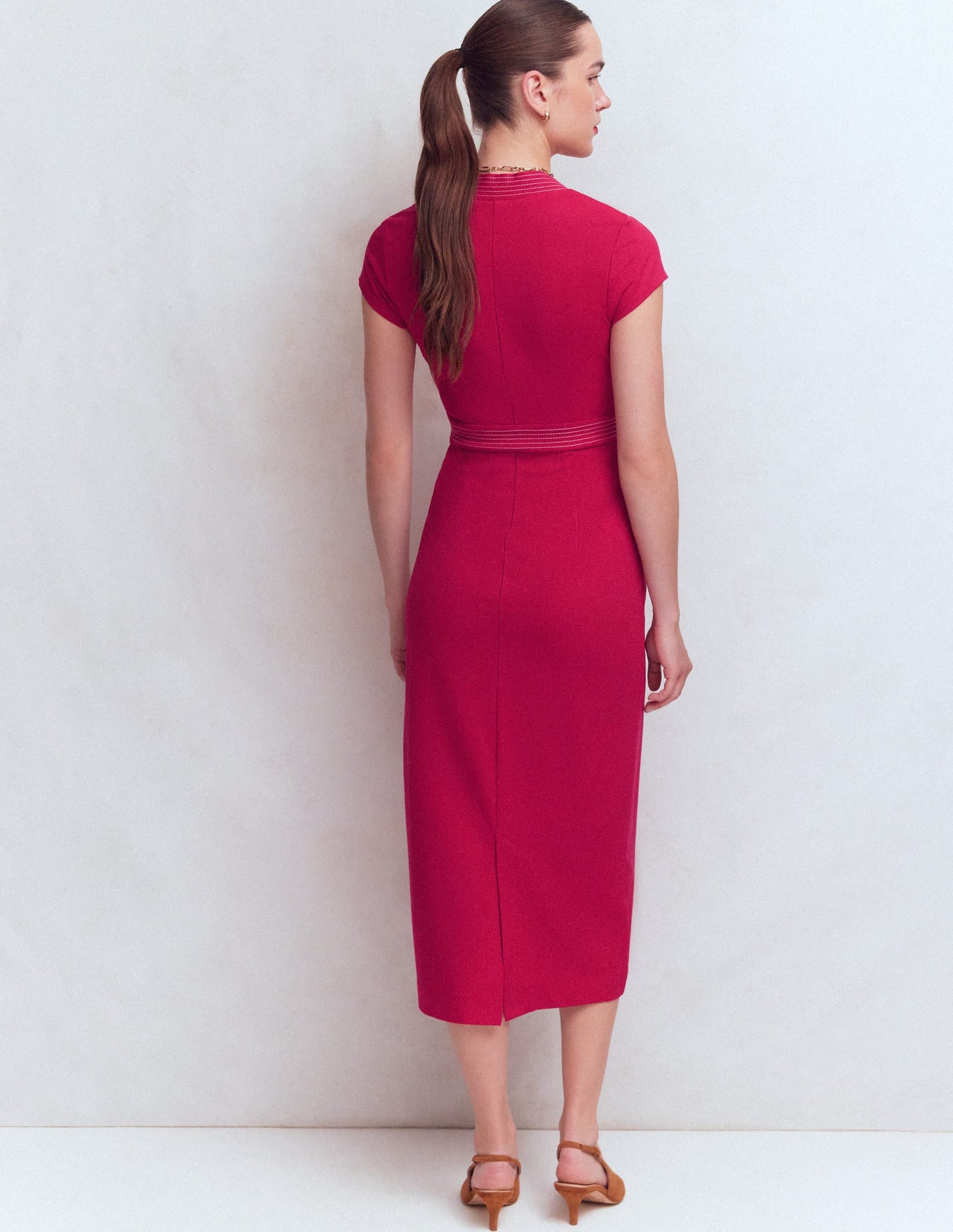 Topstitch V-neck Ponte Dress-Pomegranate