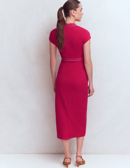 Topstitch V-neck Ponte Dress-Pomegranate