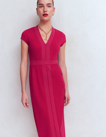 Topstitch V-neck Ponte Dress-Pomegranate