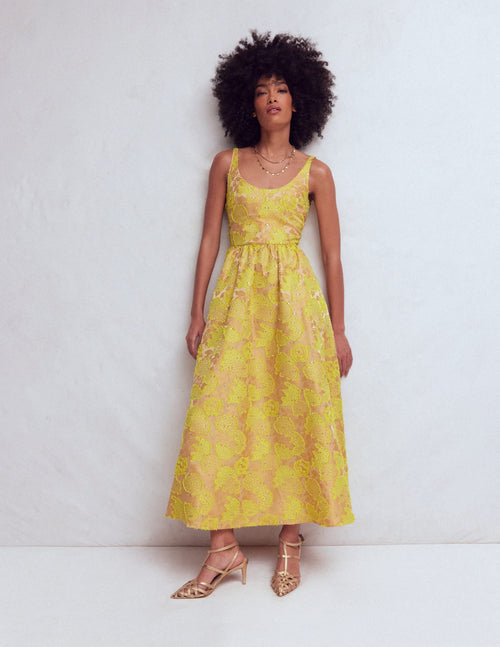 Scoop Neck Jacquard Dress-Yellow Jacquard