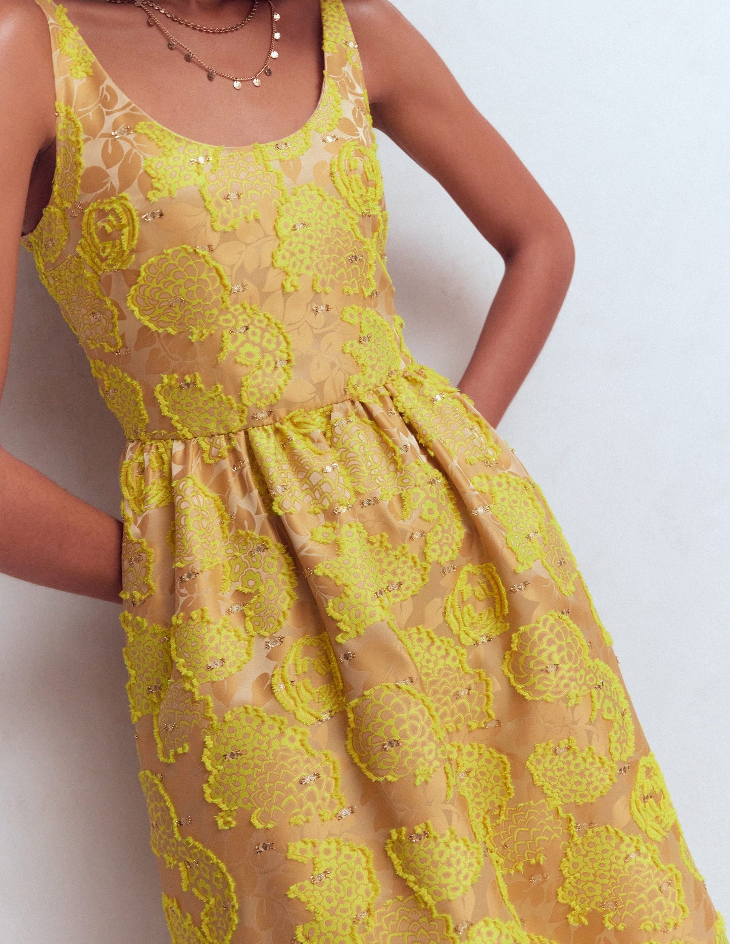 Scoop Neck Jacquard Dress-Yellow Jacquard