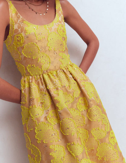Scoop Neck Jacquard Dress-Yellow Jacquard